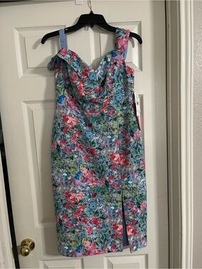 Aidan by Aidan Mattox Blue Floral Cowl Midi Dress